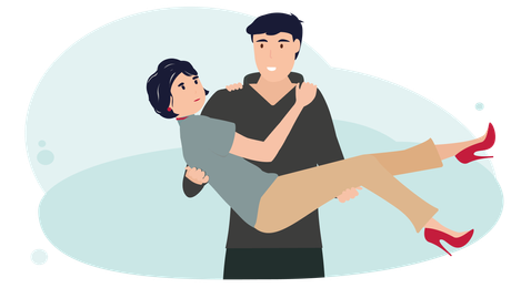 Ein jüngerer Mann trägt eine ältere Frau auf den Armen.