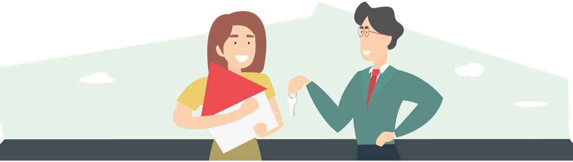 Illustration: Eine Frau bekommt einen Schlüssel von einem Makler.