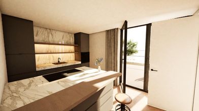 Moderne Einbauküche mit Zugang zur Terrasse