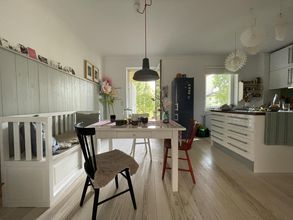 große Küche mit Blick ins Grün